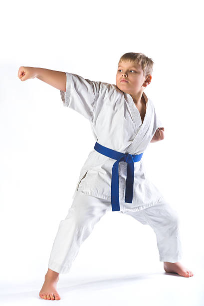 istock boy in kimono during training karate exercises on  white background 513308626