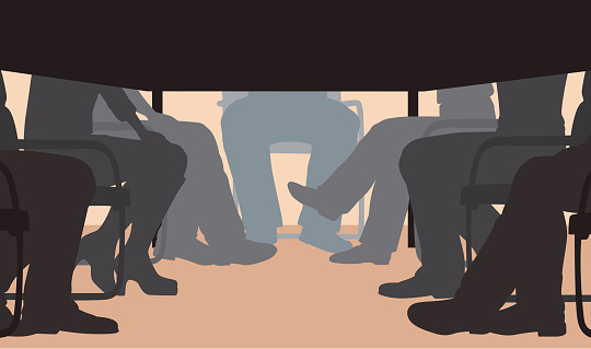 EPS8 editable vector cutout illustration of an office meeting from under the table