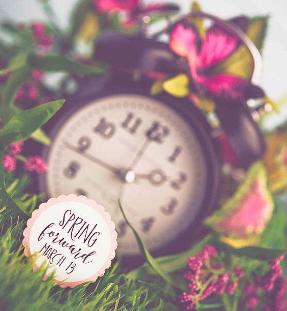 istock Clock in grass with spring foliage. Daylight Savings Time reminder 513309012