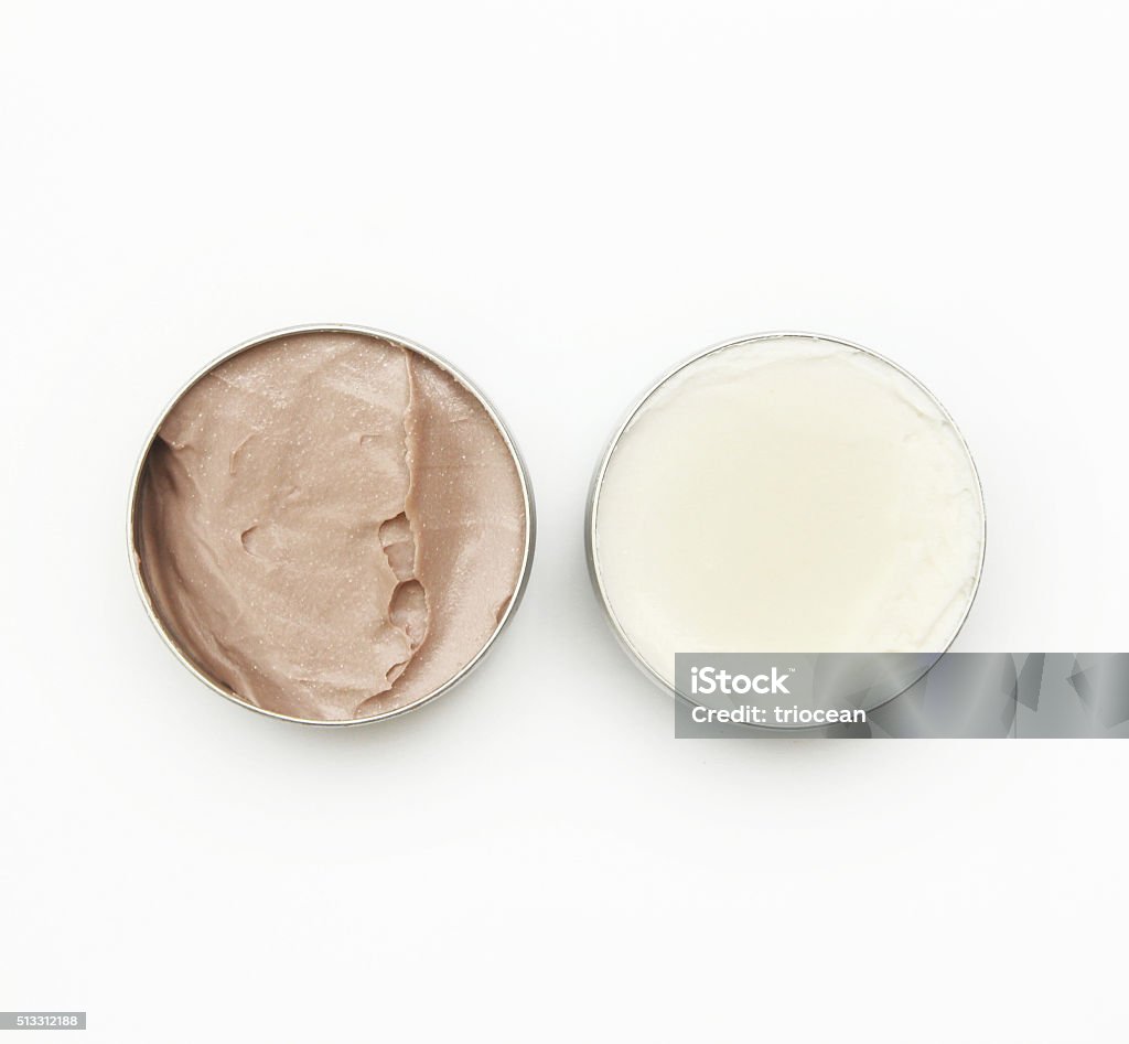 Top view of white and brown beauty creams Theobroma Stock Photo