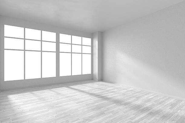 istock Empty white room with parquet floor, walls and big window 513312214