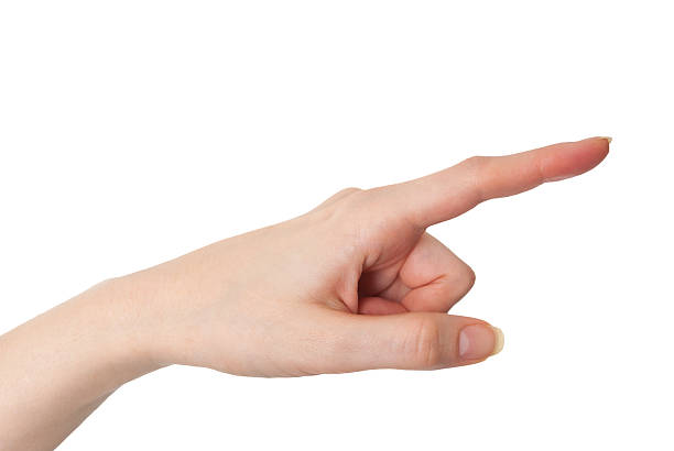 istock Female hand pointing with index finger isolated on white 513313371