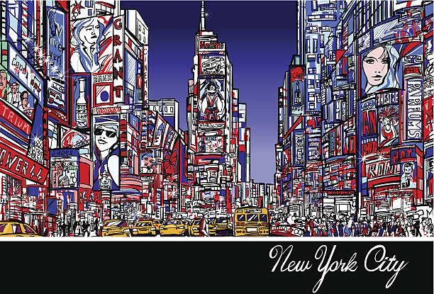 ilustraciones, imágenes clip art, dibujos animados e iconos de stock de times square en nueva york en la noche - times square billboard street night
