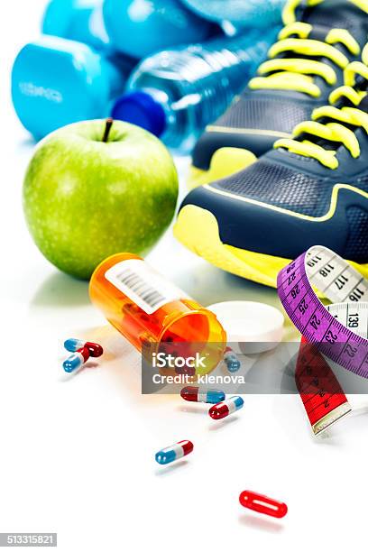 Different Tools For Sport And Pills Stock Photo - Download Image Now - Anaerobic Exercise, Blue, Body Building