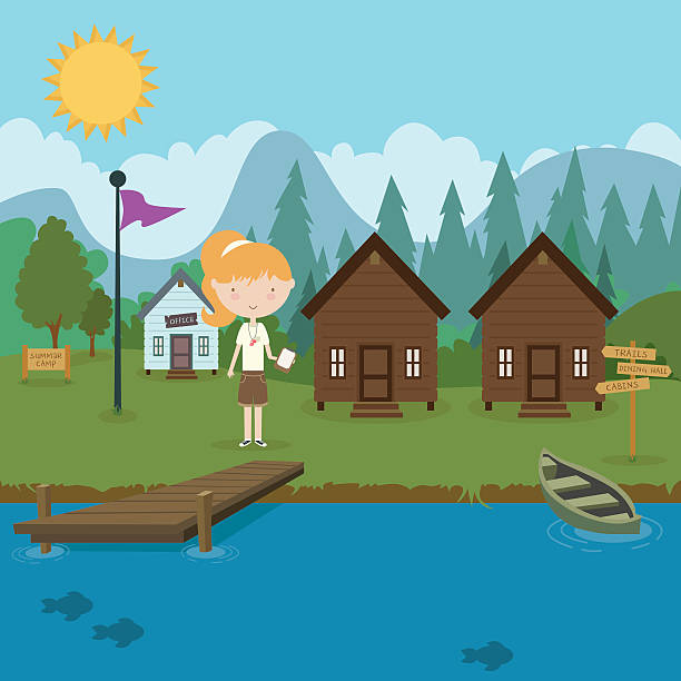 Summer Camp Summer Camp Illustration. Image comes grouped separately on different layers. Background, Cabins, Office, Signage, Canoe, and Counselor each have their own layers for easy editing. summer camp cabin stock illustrations