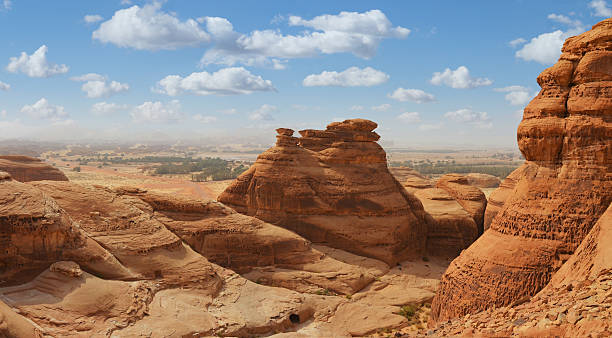 desert landscape panorama , madain saleh , saudi arabia stock photo