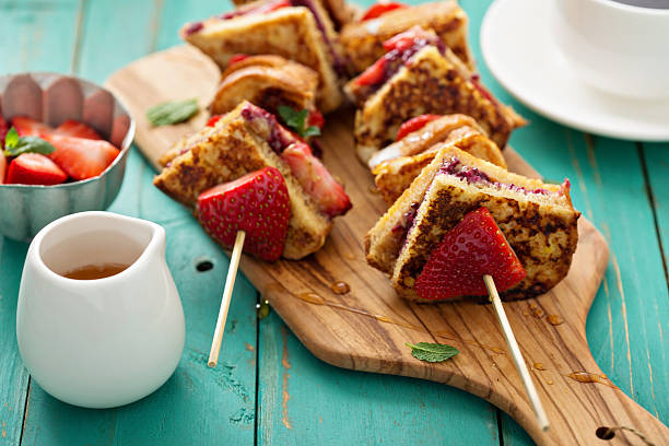 French toast pieces on a skewer with strawberry