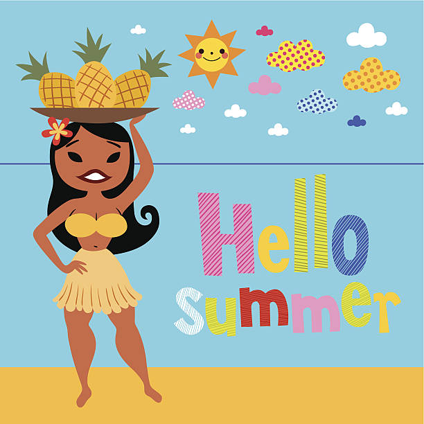 ilustrações de stock, clip art, desenhos animados e ícones de olá verão ananás menina na praia de hula - image created 1960s 1960s style beach women