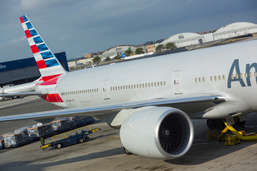 New York, USA - September 10, 2014: American Airlines Boeing 777 at New York JFK airport before boarding passengers.