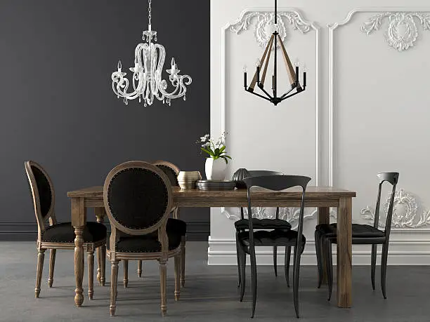 Dining table in two styles on the background of simple gray and classic white wall