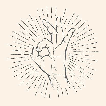 Vector OK hand gesture. Allright hand drawn sign. Vector pencil sketch illustration. Isolated on white background.