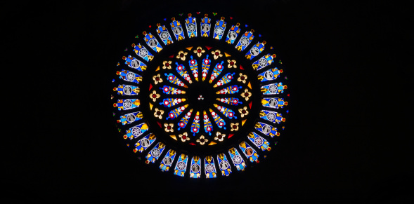 Rose window,religious theme leadlight window in cathedral