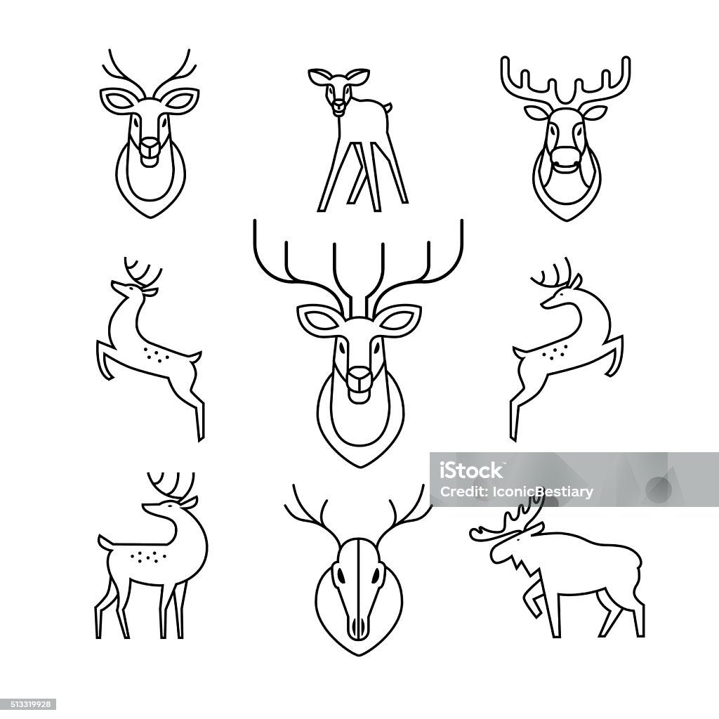 Jumping and standing deers, moose, antlers Jumping and standing deers, moose, antlers and horns, stuffed deer heads and scull. Thin line art icons set. Modern black symbols isolated on white for infographics or web use. Deer stock vector