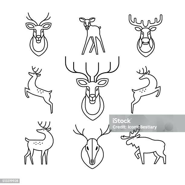 Jumping And Standing Deers Moose Antlers Stock Illustration - Download Image Now - Deer, Line Art, Reindeer