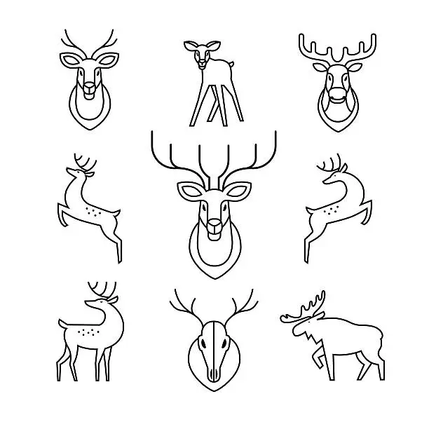 Vector illustration of Jumping and standing deers, moose, antlers