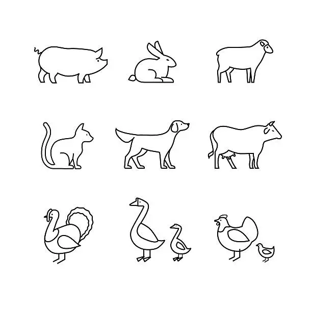 Vector illustration of Domestic and farm animals thin line art icons set