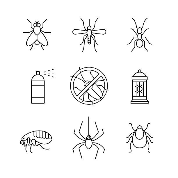 Insects control, anti pest emblem, insecticide Insects control, anti pest emblem, insecticide, thin line art icons set. Modern black symbols isolated on white for infographics or web use. insecticide stock illustrations