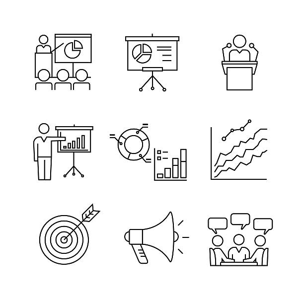 Business presentation, education, seminar Business presentation, education, seminar, lecture, speech analytics and statistics thin line art icons set. Modern black symbols isolated on white for infographics or web use. photographic slide stock illustrations