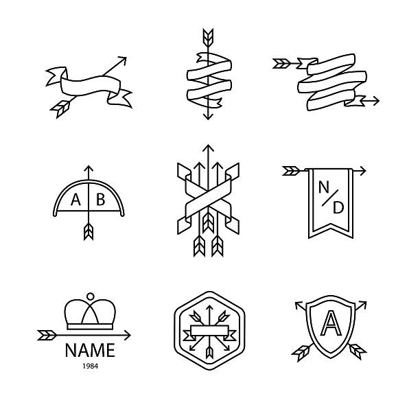 ilustraciones, imágenes clip art, dibujos animados e iconos de stock de cinta y escudo logotipo de flecha - bow and arrow