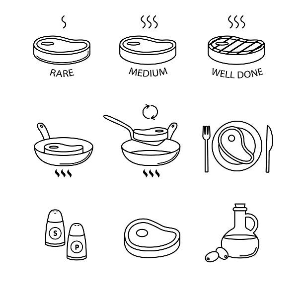 жарящаяся и стейк приготовления пищи сковороде - filet mignon illustrations stock illustrations