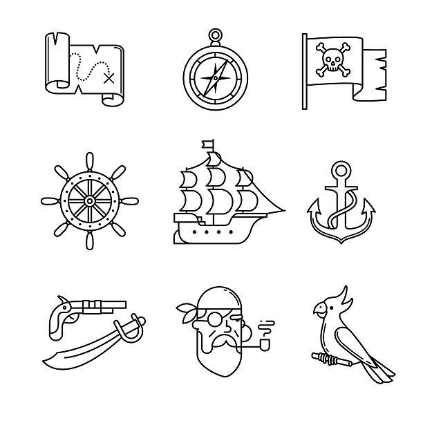 illustrazioni stock, clip art, cartoni animati e icone di tendenza di pirata impostare di icone sottile linea arte - caravel nautical vessel sailing ship passenger ship