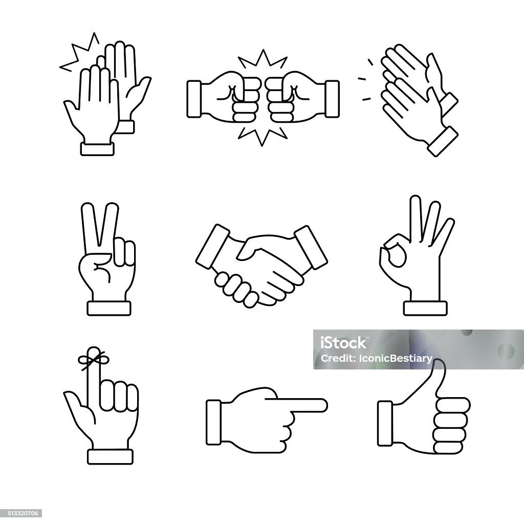 Clapping hands and other gestures Clapping hands and other gestures. Thin line art icons set.Black vector symbols isolated on white. Colliding stock vector