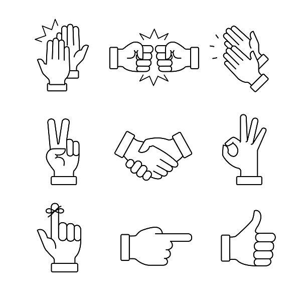 Clapping hands and other gestures Clapping hands and other gestures. Thin line art icons set.Black vector symbols isolated on white. number 2 illustrations stock illustrations