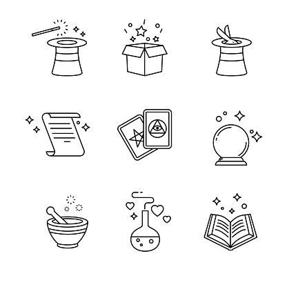 Magic and magician tools. Thin line art icons set. Black vector symbols isolated on white.
