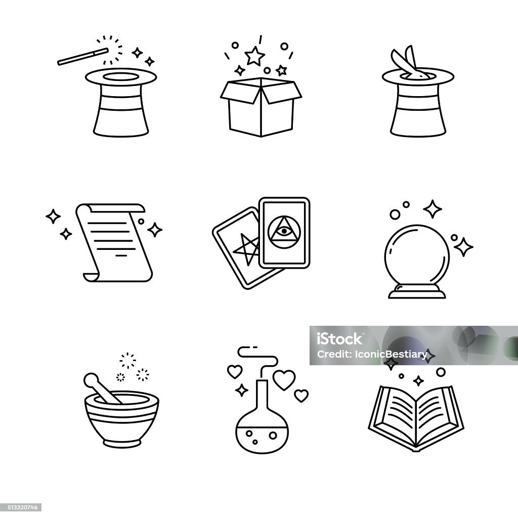Magic and magician tools. Thin line art icons set Magic and magician tools. Thin line art icons set. Black vector symbols isolated on white. Crystal Ball stock vector