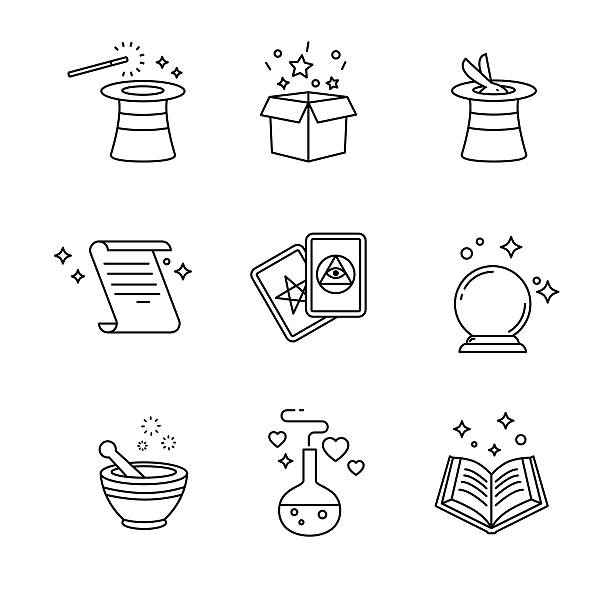 Magic and magician tools. Thin line art icons set Magic and magician tools. Thin line art icons set. Black vector symbols isolated on white. paranormal illustrations stock illustrations