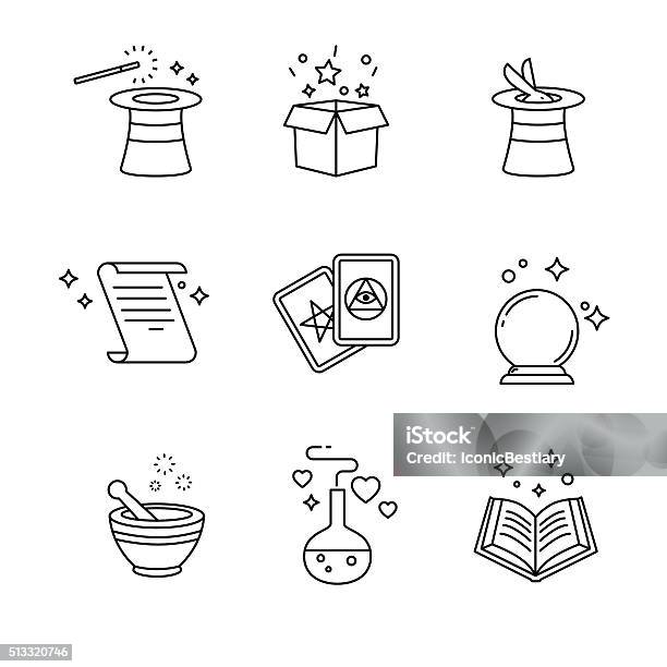 Magic And Magician Tools Thin Line Art Icons Set Stock Illustration - Download Image Now - Crystal Ball, Magician, Paranormal