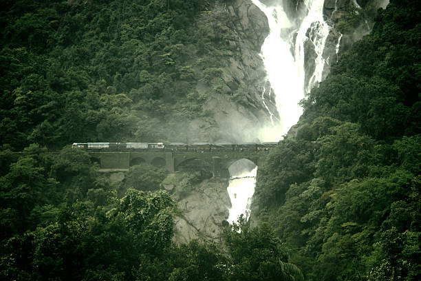 Water Fall Beautiful high waterfall on the goa near where Passing trains railway bridge photos stock pictures, royalty-free photos & images
