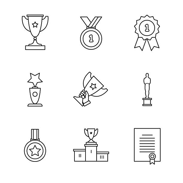 ilustraciones, imágenes clip art, dibujos animados e iconos de stock de ganador del premio conjunto de iconos de arte de línea fina - podium medal gold medal ribbon