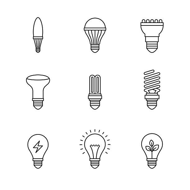 전구 아이콘 여윔 라인아트 설정 - light bulb fluorescent light lighting equipment stock illustrations