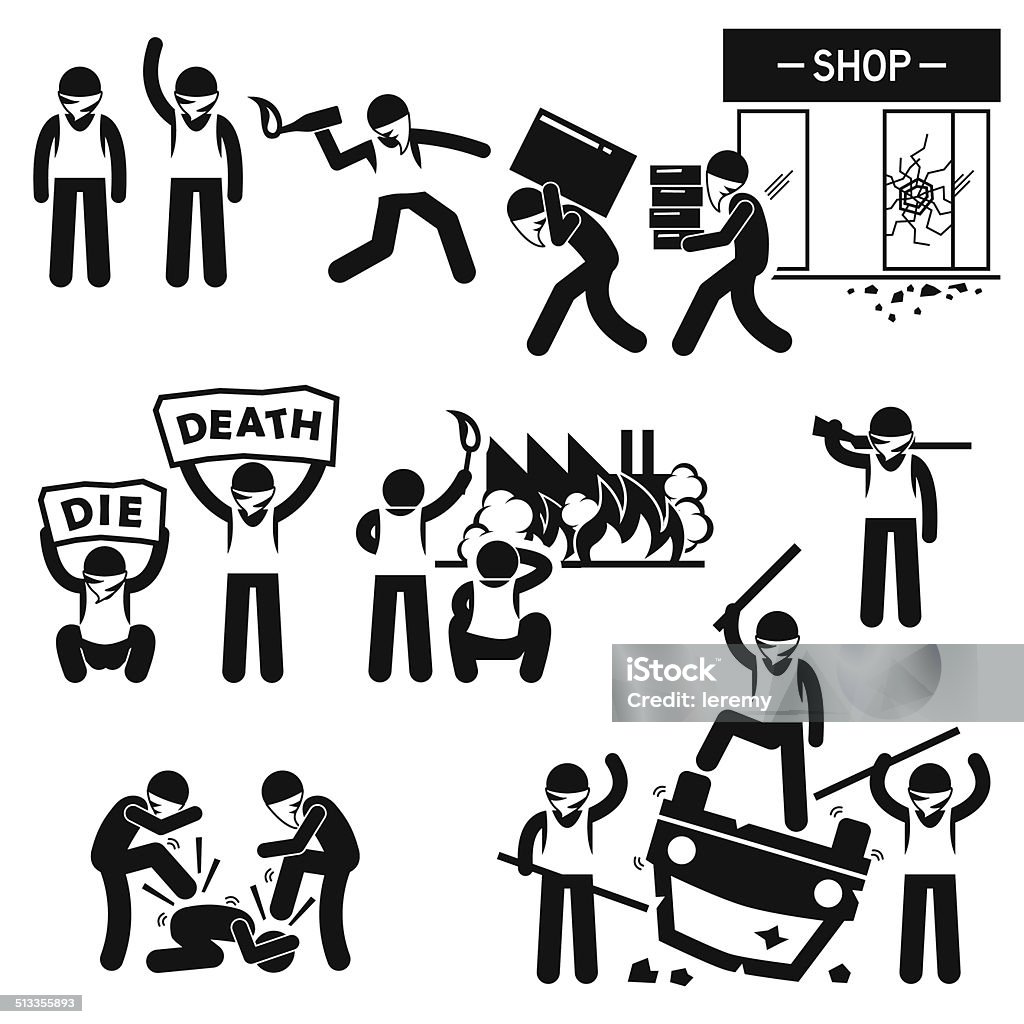 Riot Rebel Revolution Protesters Demonstration Pictogram Cliparts A set of human pictogram representing rioters destroying the cities in a protest and demonstration against the government. Protest stock vector