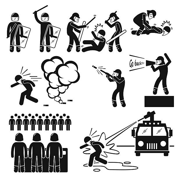 Riot Police Pictogram Cliparts Icons A set of human pictogram representing the ways of riot police controlling rioters. It includes beating, arrest, tear gas, and water cannon. tear gas stock illustrations