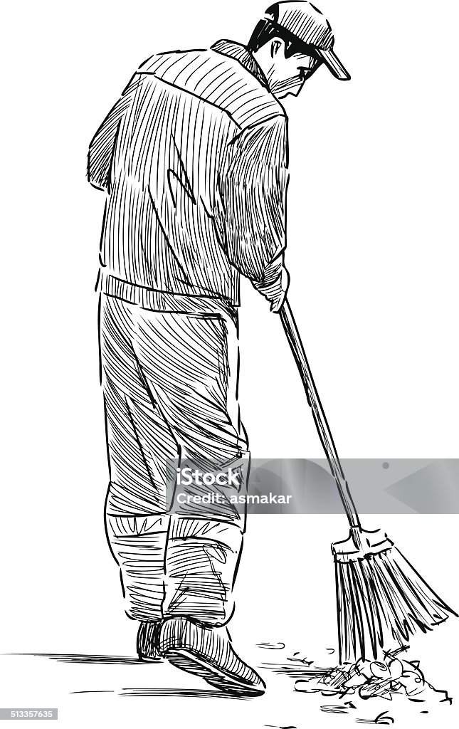 street sweeper Vector sketch of a man at work. Street Sweeper stock vector
