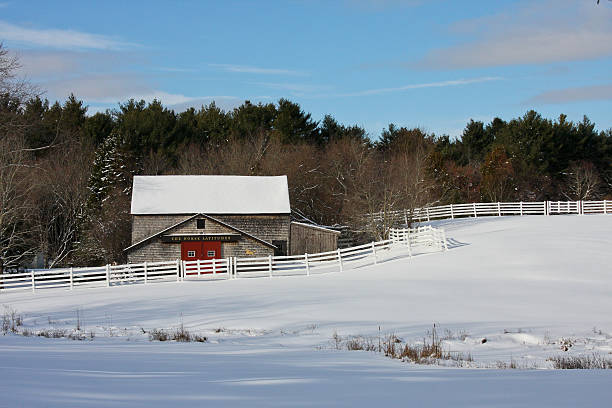 馬の「ラティチュード」で、ニューイングランドの冬の安定した雰囲気 - landscaped landscape winter usa ストックフォトと画像