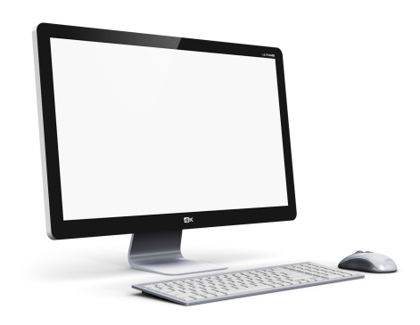 Creative abstract office business technology communication internet concept: modern professional desktop computer PC workstation with blank screen or empty monitor, keyboard and mouse isolated on white background