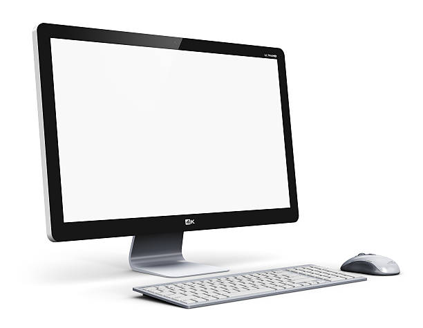 Desktop computer Creative abstract office business technology communication internet concept: modern professional desktop computer PC workstation with blank screen or empty monitor, keyboard and mouse isolated on white background clicking screen stock pictures, royalty-free photos & images