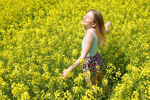 istock Young happy woman on blooming rapeseed field 513364072