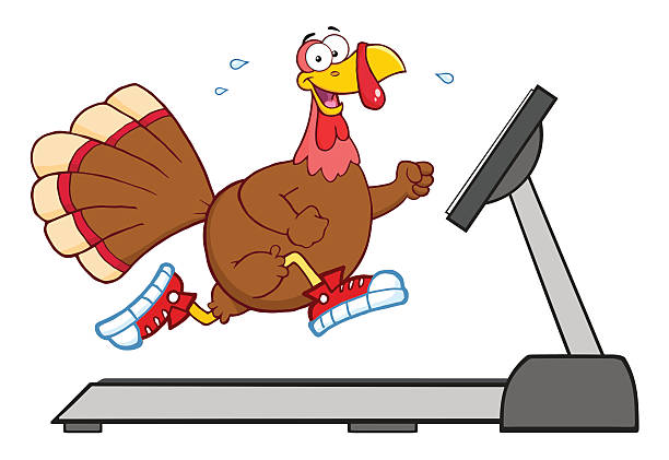stockillustraties, clipart, cartoons en iconen met smiling turkey running on a treadmill - turkije