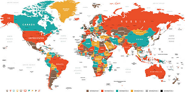 ilustraciones, imágenes clip art, dibujos animados e iconos de stock de verde, rojo, amarillo, marrón mapa mundial - intrincado