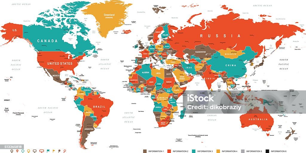 Green Red Yellow Brown World Map Highly detailed colored vector illustration of world map. World Map stock vector