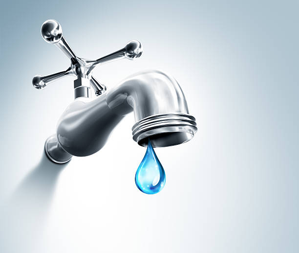 Leaking Faucet A Droplet Of Water Render 3d: tap and water drop water tap stock pictures, royalty-free photos & images