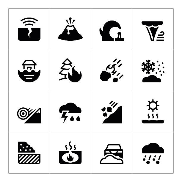 illustrazioni stock, clip art, cartoni animati e icone di tendenza di impostare di icone di catastrofe naturale - natural disaster weather symbol volcano