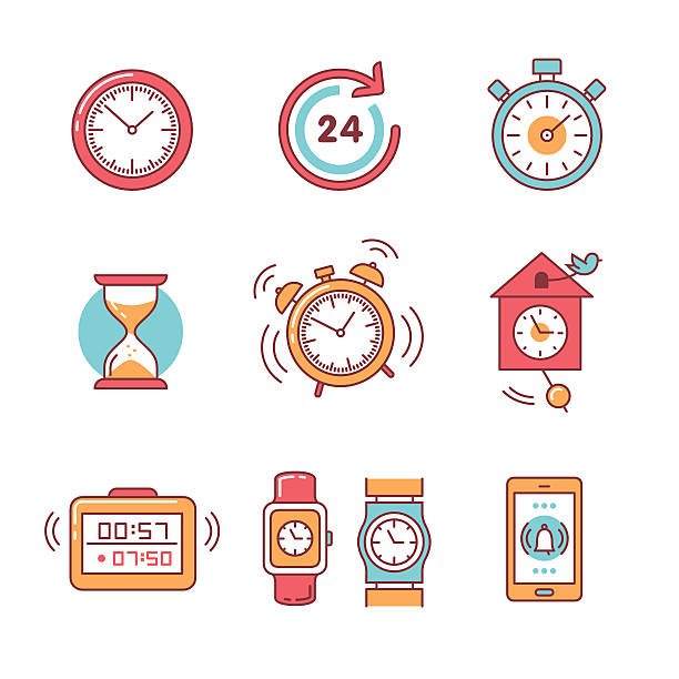 Types of alarms clocks, timers and watches set Types of alarms clocks, timers and watches set. Thin line art icons. Flat style illustrations isolated on white. alarm clock illustrations stock illustrations