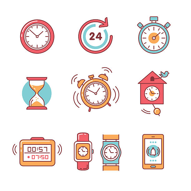 Types of alarms clocks, timers and watches set Types of alarms clocks, timers and watches set. Thin line art icons. Flat style illustrations isolated on white. bird bed alarm clock stock illustrations