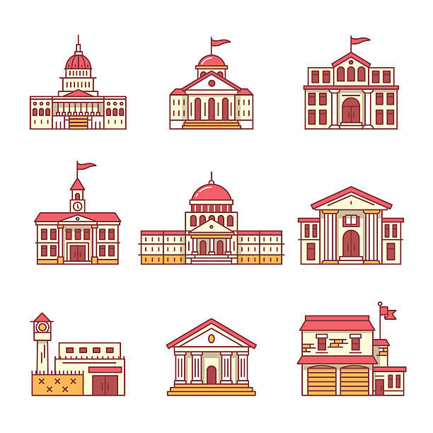 Government and education buildings set Government and education buildings set. Thin line art icons. Flat style illustrations isolated on white. prison illustrations stock illustrations