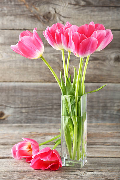 istock Pink tulips in vase on grey wooden background 513372626